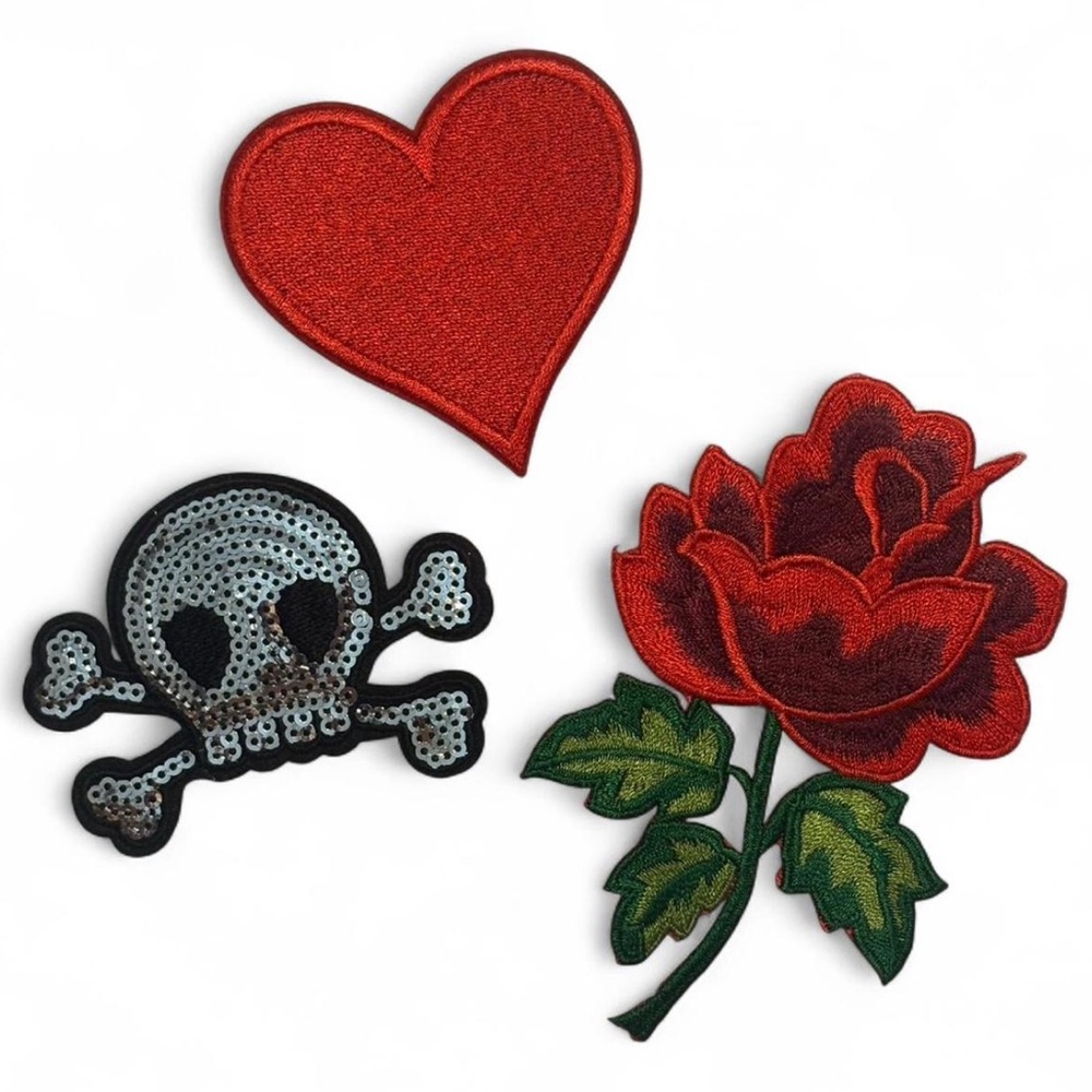 Red Heart, Skull, and Rose Patches